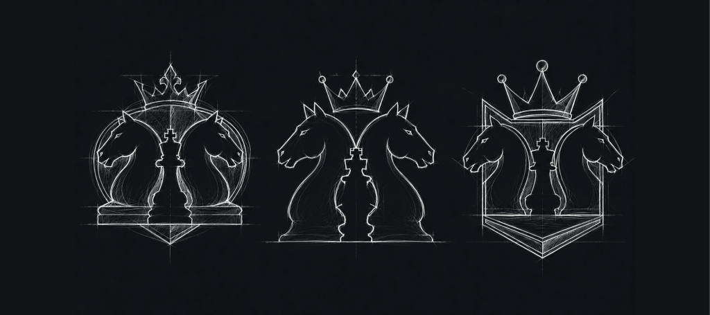 Chess logo design concepts exploring multiple branding directions with knight, king and crown symbols during the logo design process