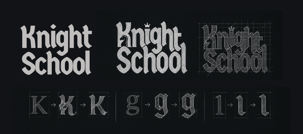 Knight School custom typography design process showing modified Germania One font, construction grid, letterform refinements, and strategic logo wordmark development for premium brand identity.