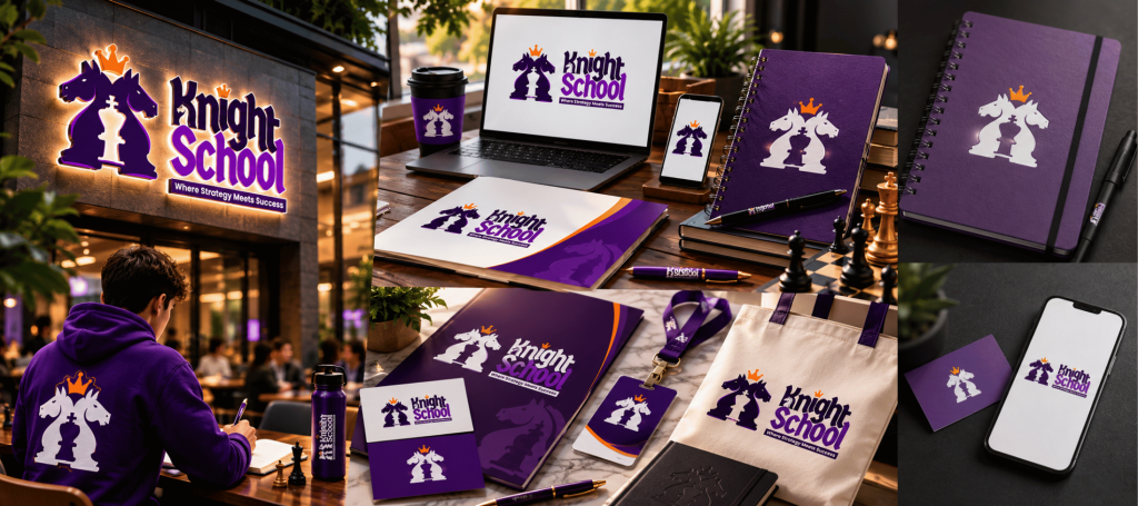 Strategic brand identity design mockup featuring the Knight School logo on premium business stationery, signage, apparel, and digital branding.